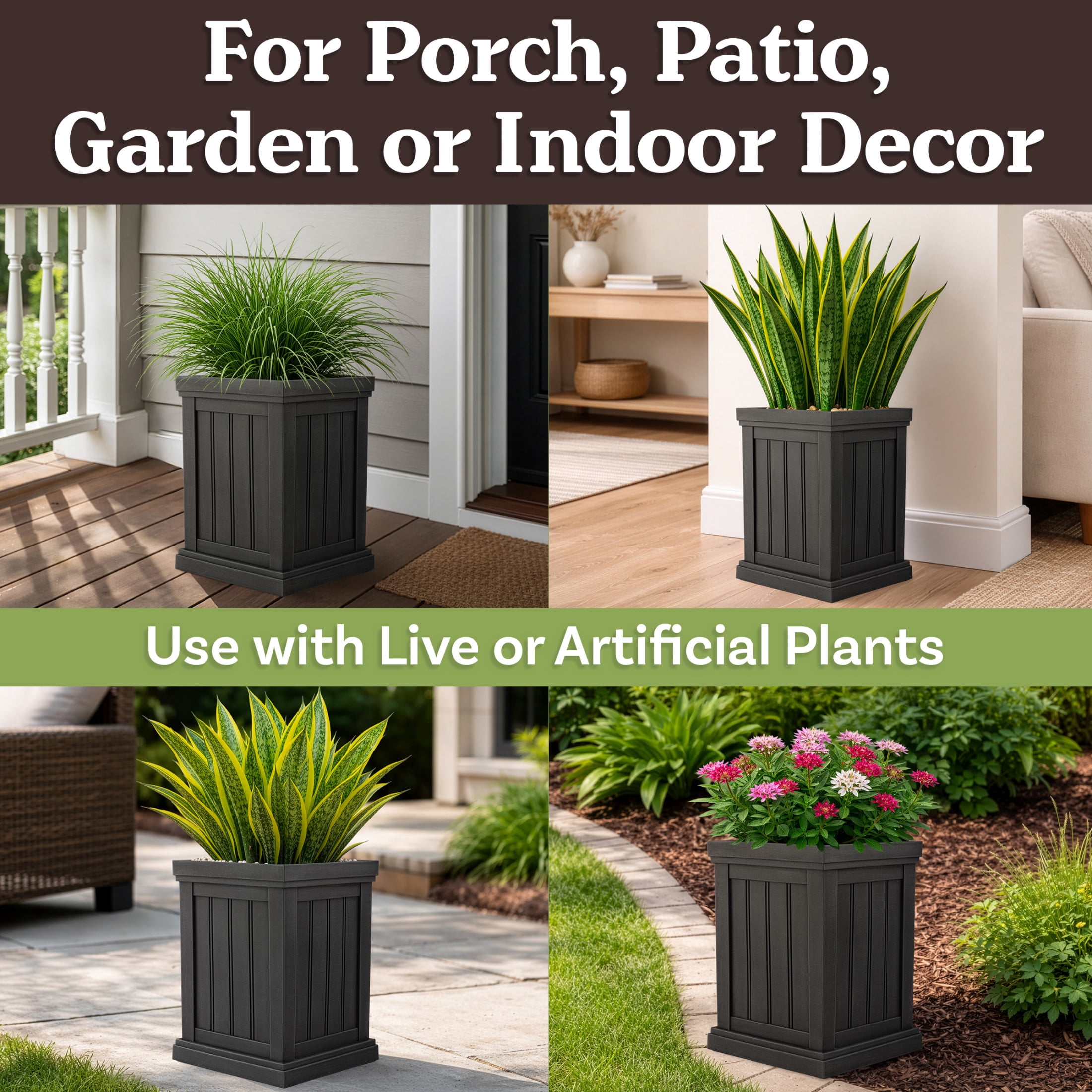 Pure Garden Outdoor Planter Box - 13.7” Square 19” Tall Plastic Plant Pot with Drainage Holes, Gray
