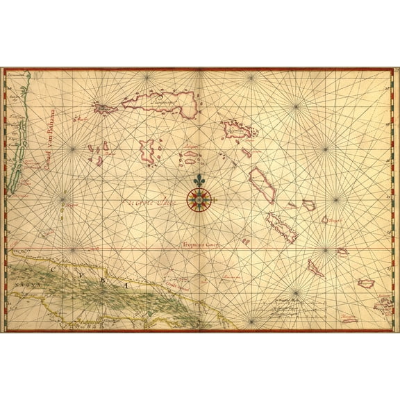 24"x36" Gallery Poster, Map of a part of Cuba and the Bahamas 1650