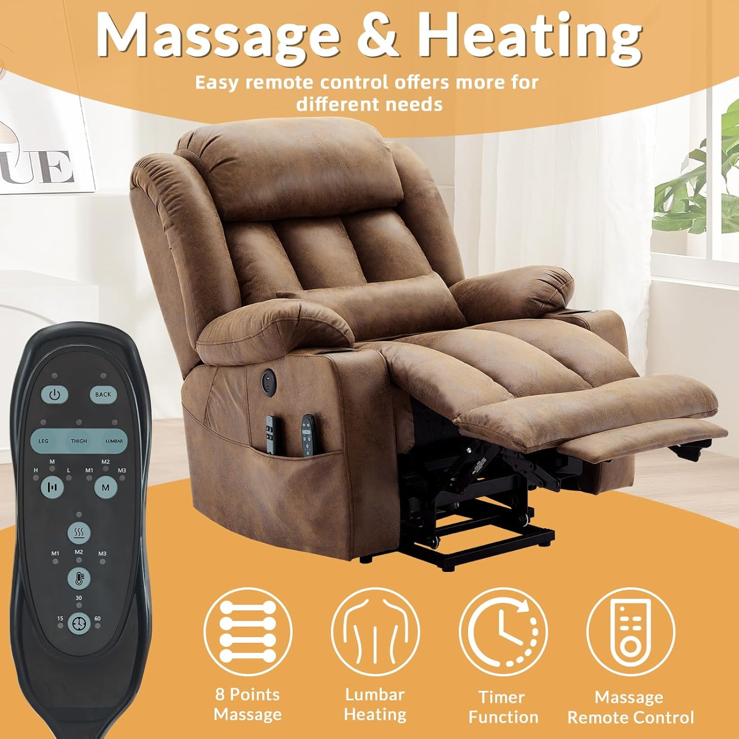 Oversized Dual Motor Power Lift Recliner for Elderly, Extended Footrest, Large Infinite Position Lay Flat Chair for Living Room with Massage & Heat, Lumbar Pillow, USB & Type-C Ports, Brown
