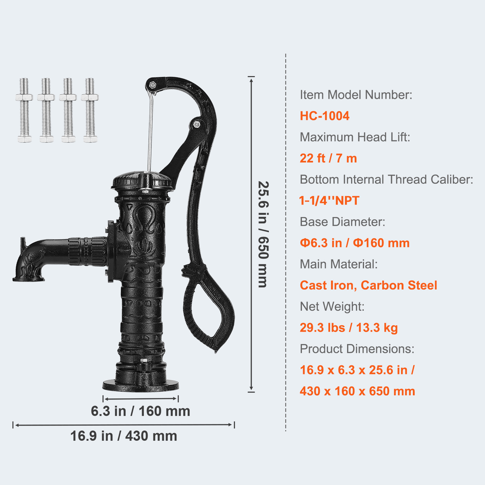 KFFKFF Classic Manual Water Pump, 22 ft Lift Capacity, Durable Cast Iron Construction, Hand-Operated with Comfortable Handle G1-5/8", Simple Setup, Ideal for Outdoor Gardens, Yards, Farms - Black