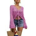 thumbnail image 2 of Womens Boho Off Shoulder Sheer Crochet Crop Top with Bell Sleeves Flowy Oversized Ruched Pullover Sweater, 2 of 5