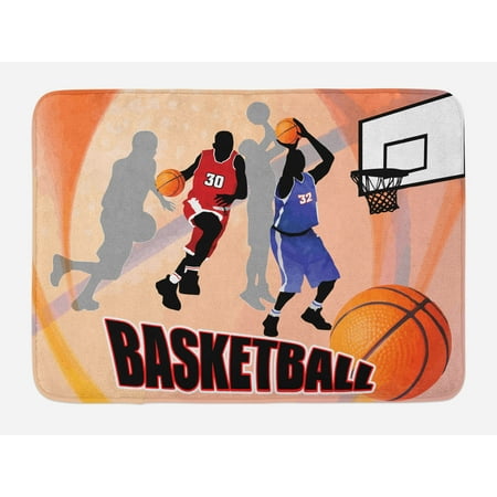 9' Plush Player - Basketball Bath Mat, Basketball Action Players on Abstract Background Classical Poster Style Print, Non-Slip Plush Mat Bathroom Kitchen Laundry Room Decor, 29.5 X 17.5 Inches, Orange Black, Ambesonne