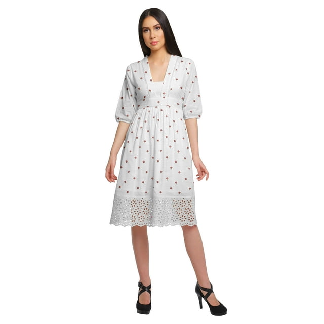 Moomaya Robe Midi de Soirée en Coton Imprimé pour Femmes avec Dentelle Tenue d'Été