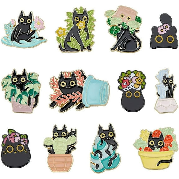 12 Styles Black Cat Plant Enamel Pins Potted Cat Alloy Brooch Set Metal Animal Brooches Mixed Color Lapel Pins Mini Cartoon Pins for Women Men Bags Jackets Clothes Backpack Decoration
