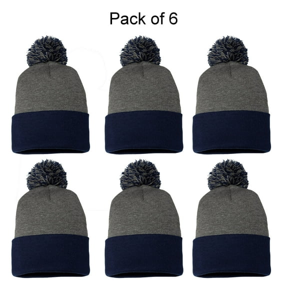 Sportsman 12" Pom-Pom Cuffed Beanie GR15 Warm Winter Knit Cuffed Hat for Men and Women, Dark Hther Gry/ Navy 6 Pack