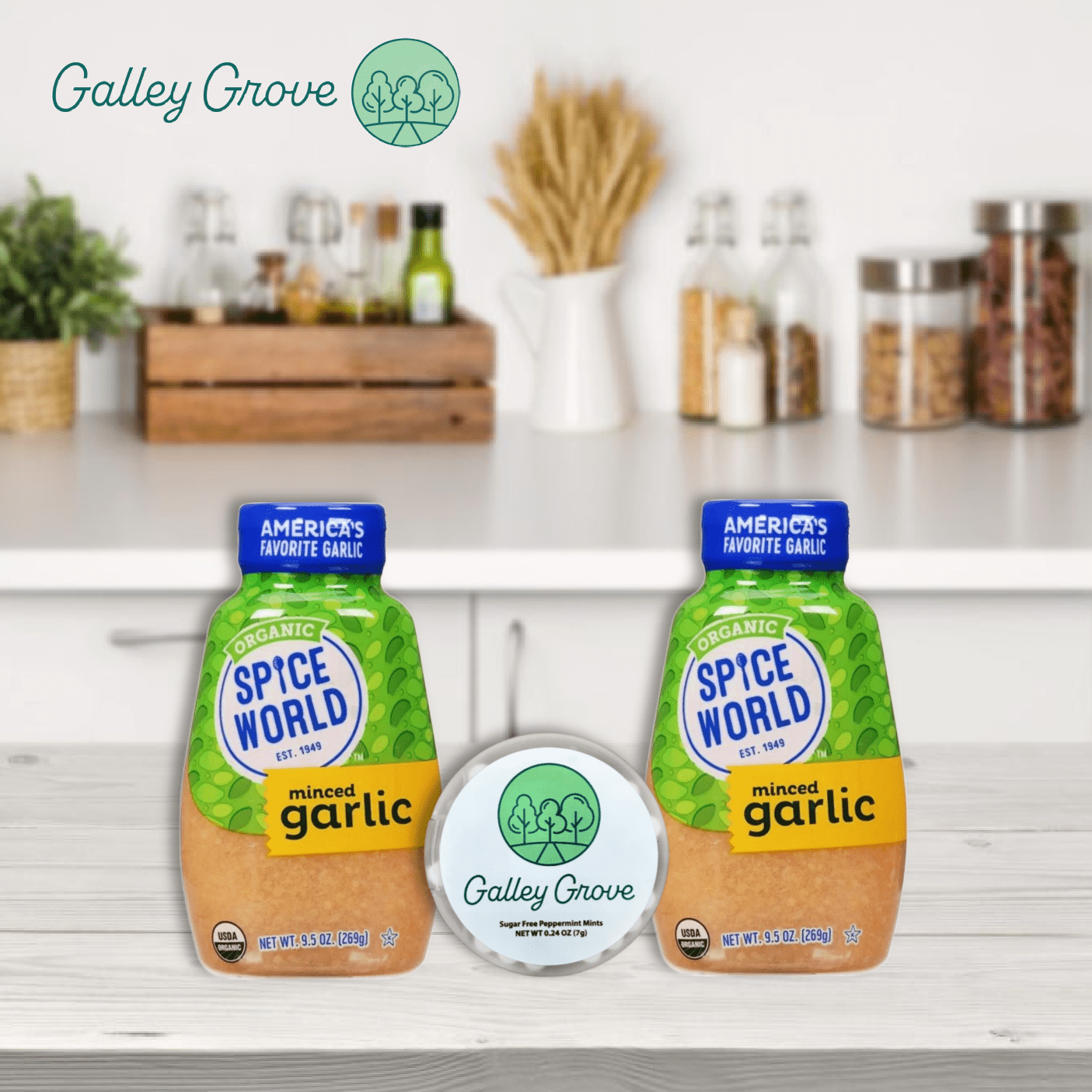 Spice World Organic Minced Garlic (2-Pack) - 9.5 oz Squeeze Bottles, Includes Galley Grove Sugar Free Peppermint Breath Mints