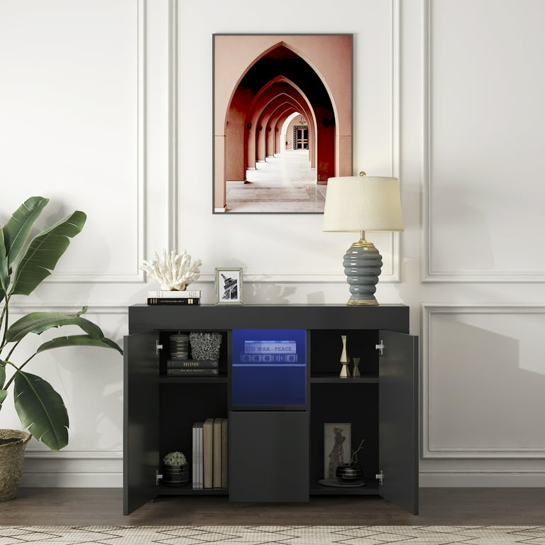 Kitchen Sidetable Cabinet Cupboard Black High Gloss Sideboard Buffet Storage Cabinet w 16 Color LED lights Large Storage Drawers and 2 Cabinet