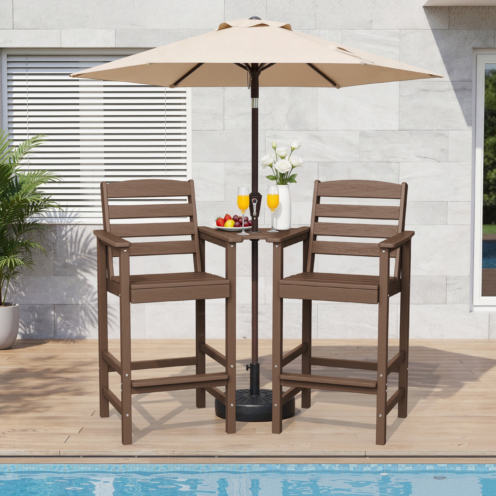 RIAFUN HDPE Height Bar Stools Set of 2 with Removable Connecting Table, Weather Resistant Outdoor Tall Adirondack Chairs with Umbrella Hole for Patio, Poolside, Garden, Brown