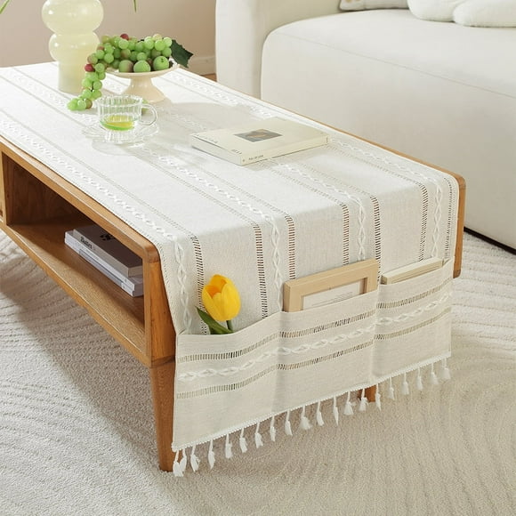 WCHUANG Coffee Table Cloth, Table Cover with Pockets and Tassel, Cotton Linen Rectangle Tablecloths Washer Dryer Fridge Top Dust Cover