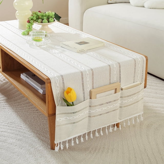WCHUANG Coffee Table Cloth, Table Cover with Pockets and Tassel, Cotton Linen Rectangle Tablecloths Washer Dryer Fridge Top Dust Cover