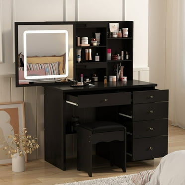 MONSLIPA Vanity Set w/Sliding Light Mirror, Makeup Vanity Table w/ Stool, Drawers & Storage Shelves for Girl Woman,Black
