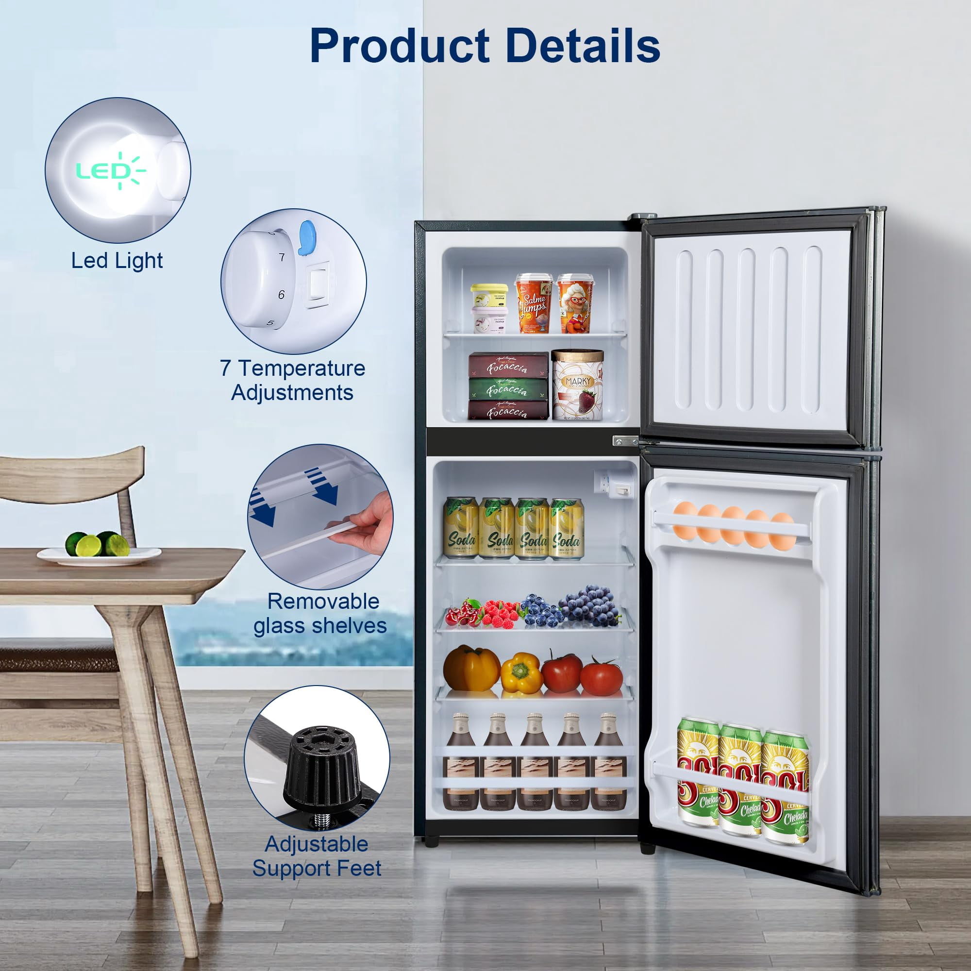 4.8 Cu.Ft Apartment Refrigerator with Freezer, Adjustable Thermostat Removable Glass Shelves, Quiet R600 Compressor Space Saving for Dorm Office RV Kitchen, Black