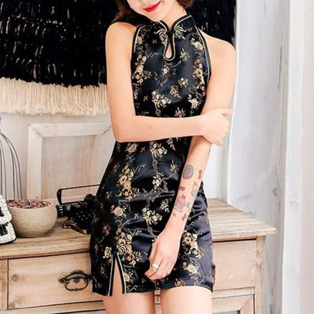 New Luxurious Black Satin Phoenix Chinese Long Dress Cheongsam Qipao  lcdress49