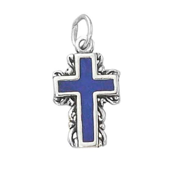 Sterling Silver 16" .8mm Box Chain Enameled Christian Cross Scrolled Edges Pendant Necklace