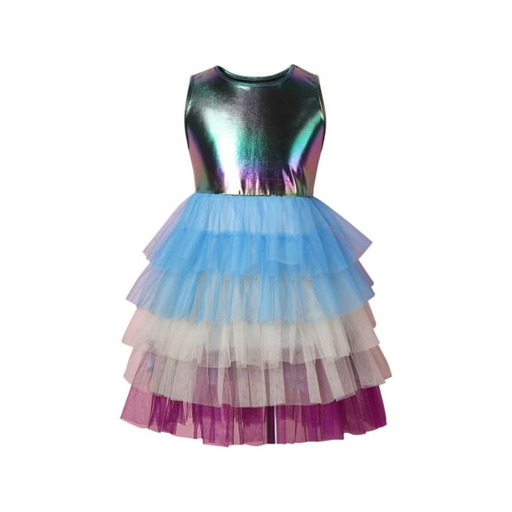 Zwiiyzr 2025 3-8Y Girls Tulle Dress Trendy Summer Round Neck Tiered Ruffle Mesh Dress Purple