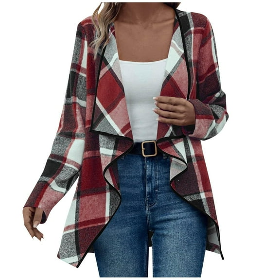 Women Fashion Coat Plaid Trench Coat Wool Coat Cardigan 2025 Fall Winter Jacket Fleece Peacoat Trendy Elegant Outwear Office Vacation Topcoat(Wine,S)