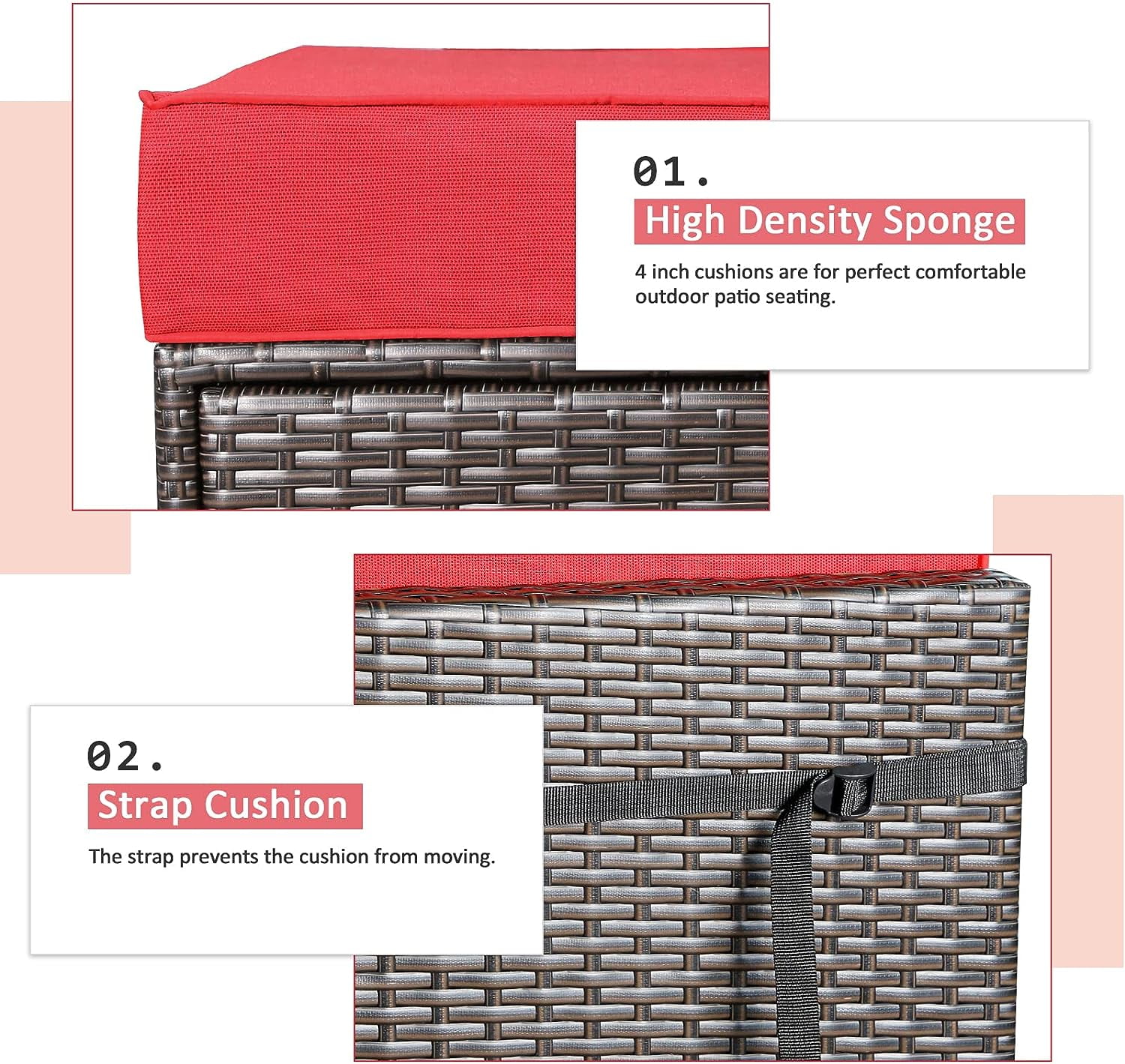 Danrelax 7 Pc Outdoor Patio Sectional Set, Red and Black Red Steel with Cushions