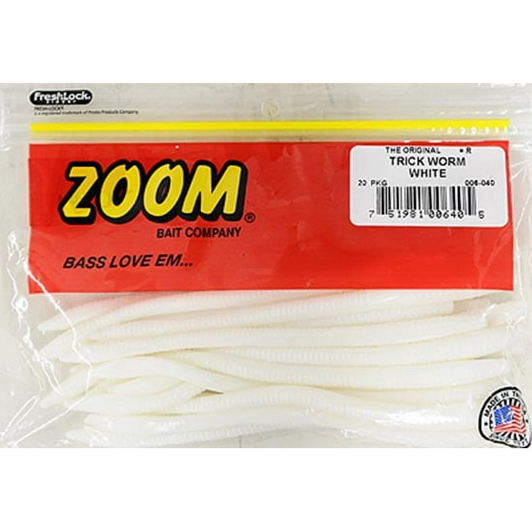 Zoom Trick Worm Freshwater Bass Fishing Soft Bait, White, 6 1/2, 20-pack