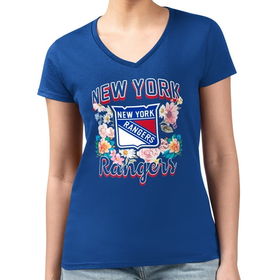 Women's G-III 4Her by Carl Banks Blue New York Rangers Super-Slim Fit Lightweight Flower Logo V-Neck T-Shirt