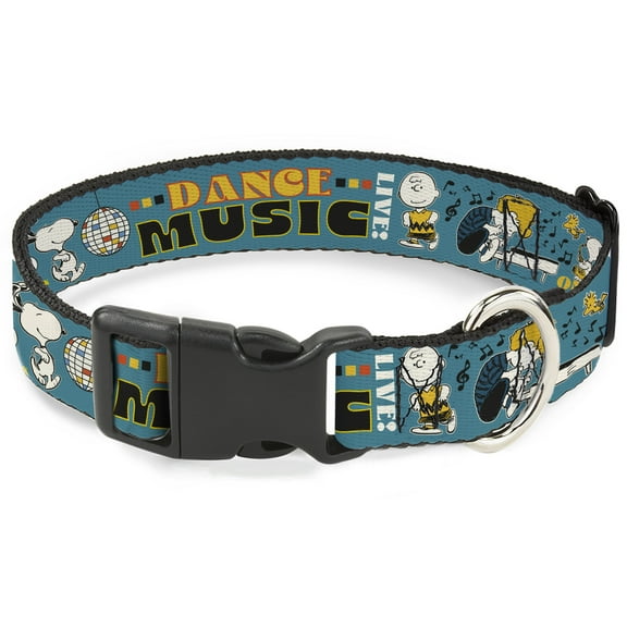 Peanuts Worldwide LLC Pet Collar, Dog Collar Plastic Buckle, Peanuts Gang Dance Music Poses and Quotes Blue Multi Color, 7 to 8.5 Inches 0.5 Inch Wide