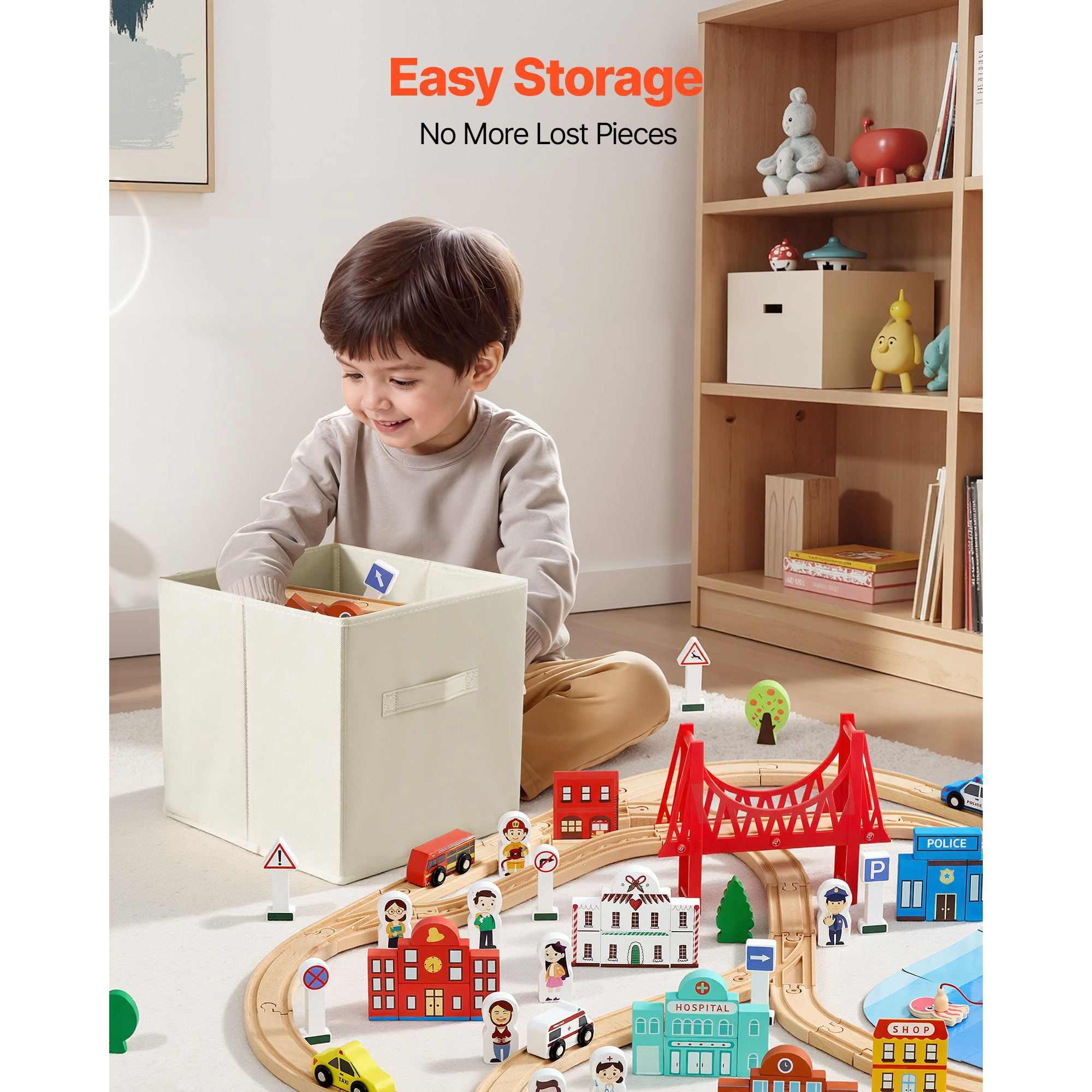 113PCS Wooden Train Set, for Kids Ages 3-8, Wood Train Track Toy with Storage Box, City Scene Railway Playset, Compatible with Major Brands, Christmas Birthday Toy for Toddlers Boys and Girls