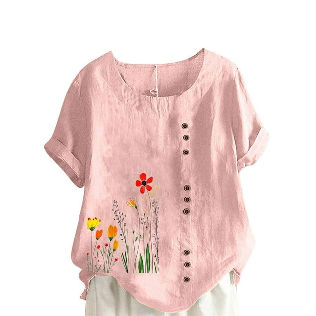 Blouse en Lin pour Femmes à Boutons Imprimé Floral Manches Courtes Tunique Décontractée Légère d'Été
