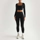 thumbnail image 3 of Conjunto de yoga de 2 piezas para mujer: top de manga larga con cuello cuadrado de color liso y pantalones deportivos, ropa deportiva ajustada, 3 of 7