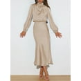 thumbnail image 3 of Women's Elegant Long Sleeve Satin Dress Mock Neck Elastic Waist Cocktail Party Wedding Guest Midi Dresses, 3 of 12