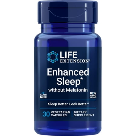 Life Extension Enhanced Sleep without Melatonin, ashwagandha, amla, casein milk peptides, melatonin-free supplement for sleep & stress support, gluten-free, non-GMO, vegetarian, 30 capsules