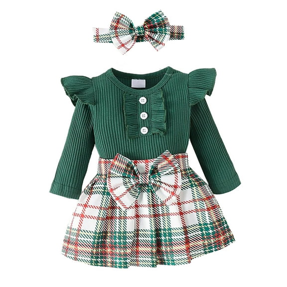 stylesilove Infant Baby Girls Ribbed Long Sleeve Cotton Bodysuit, Plaid Skirt & Headband 3pcs Christmas Holiday Outfit (Green, 6-9 Months)