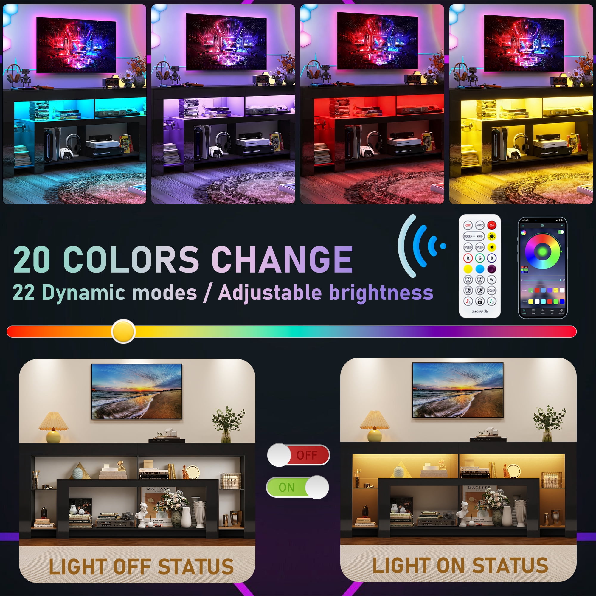 Blotout 82''Modern LED TV Stand for 85/90'' TV, High Gloss Entertainment Center with Adjustable Shelves & Open Storage, TV Console with 20 Color Changing Lights for Living Room Bedroom Game Room