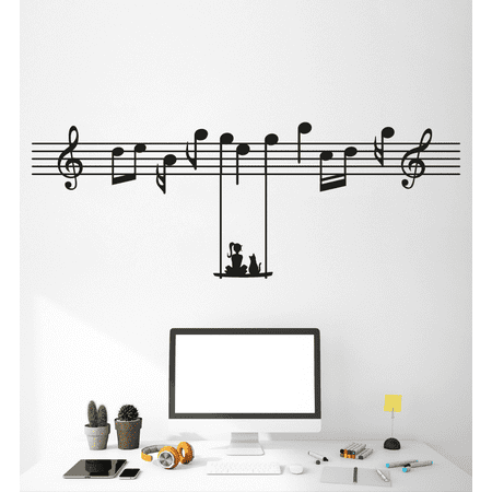 Woman and a Pet Cat Silhouette Hanging on Musical Notes with Creative Design for Living Room Vinyl Wall Decal - Beautiful Unique and Cute Art of Music for Relaxing Bedroom Wall Decoration - 20" x 51"