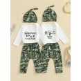 thumbnail image 3 of Baby Toddler Boy Fall Outfit, 0 3 6 12 18 Months Letter Print Long Sleeve Romper Elastic Waist Camouflage Pants Hat 3 Piece Christmas Clothing Set, 3 of 9