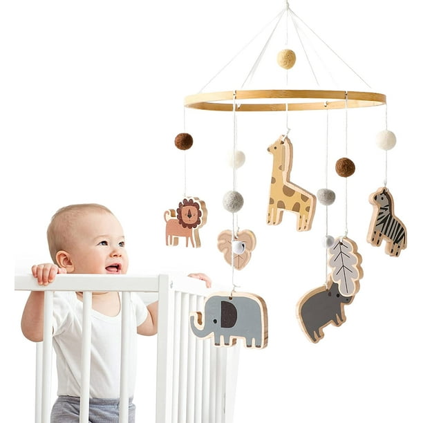 Promise Babe Móvil para bebé, campanillas de animales con bolas de fieltro, jirafa, león, elefante, cebra, móvil para habitación de bebé, móvil de madera de ganchillo, recién nacido, niño, niña, hojas