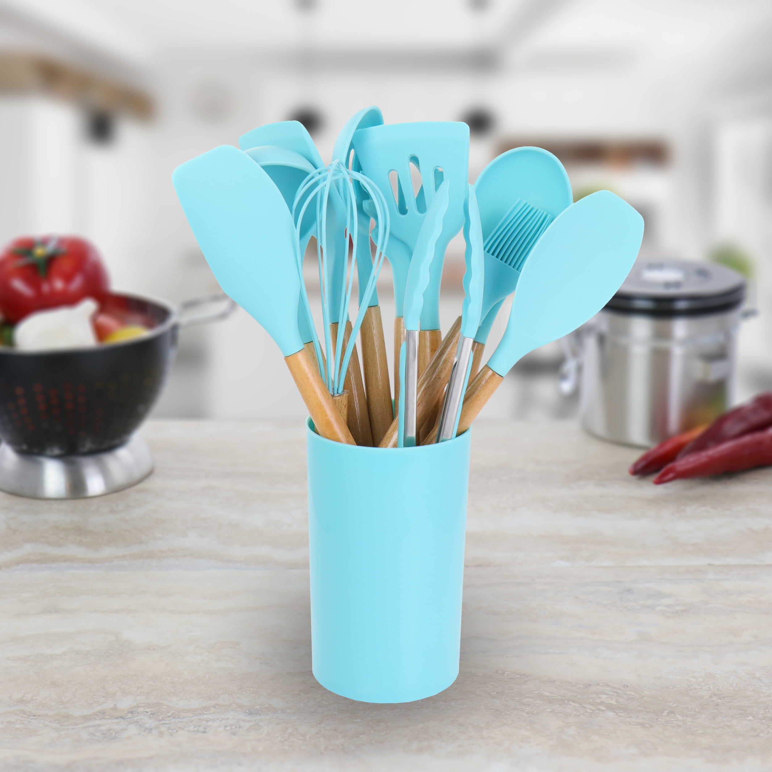 MegaChef Light Teal 12 Piece Silicone and Wood Cooking Utensils