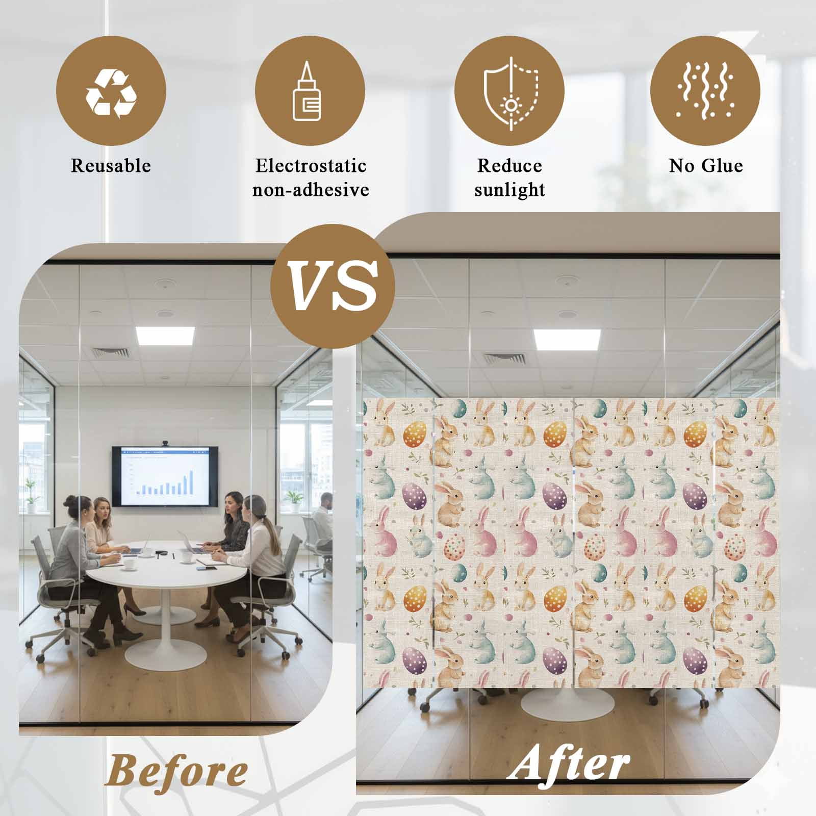 Easter Rabbit Egg Window Privacy Film, Leaf Floral Frosted Glass Window Clings Static Cling UV Heat Blocking Reusable Door Sticker for Bathroom 23.6 x 59 Inch