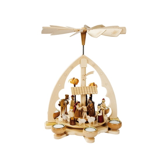 German christmas pyramid Nativity scene, height 40 cm / 16 inch, natural with tealights, original Erzgebirge by Richard Glaesser Seiffen