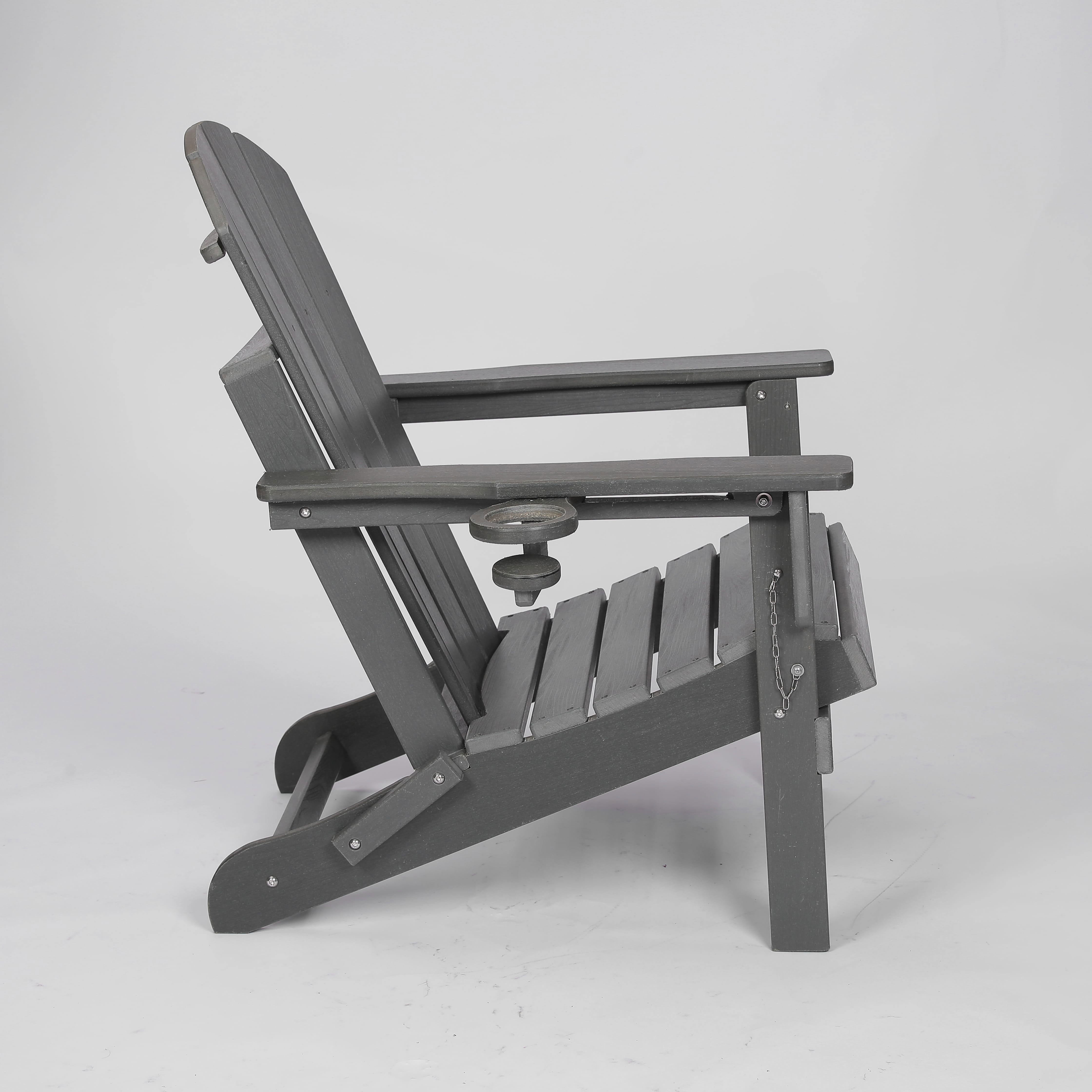 Resenkos HDPE Folding Adirondack Chair with Dual Cup Holder and Wood Texture, Composite Patio Chair for Outdoor Space, Gray