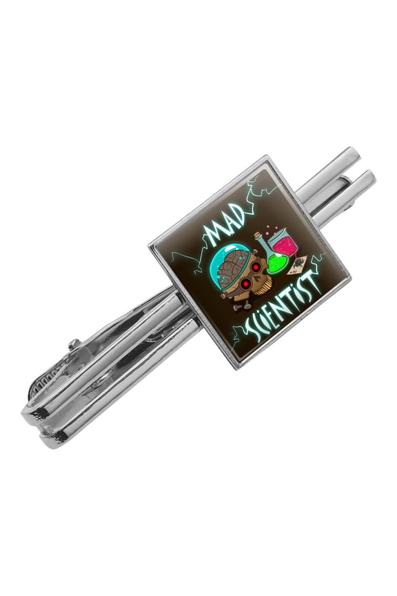 Mad Scientist with Beakers Brain Square Tie Bar Clip Clasp Tack- Silver or Gold