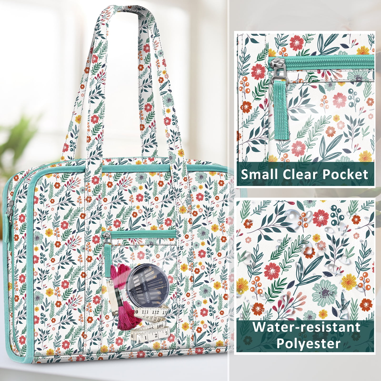FINPAC Sewing and Craft Supplies Storage Tote, Large Capacity Travel Packing Organizer Bag with Clear Pockets and Handle for Knitting, Crochet, Art, Sewing Accessories, Spring Bloom