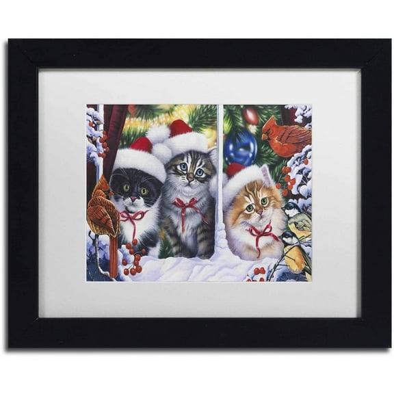 Trademark Fine Art 'Cats In Window' Canvas Art by Jenny Newland, White Matte, Black Frame