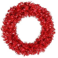 - 30 Pre-Lit Red Hot Wide Cut Tinsel Artificial Christmas Wreath - Red Lights