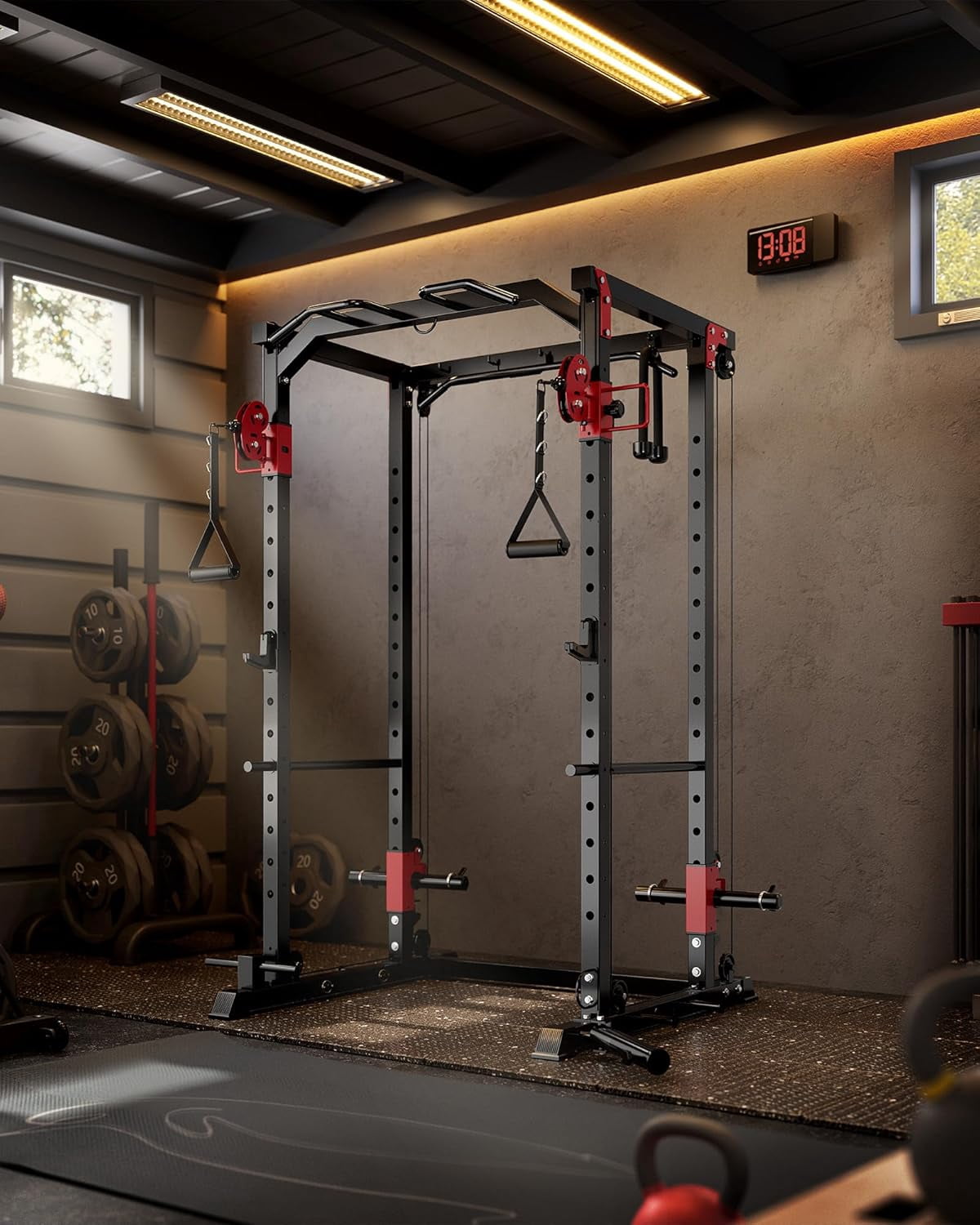 GARVEE Power Rack Cage with Dual Pulley Systems,2000lbs Multi-Functional Squat Cage Rack for Strength Workout with More Training Attachment