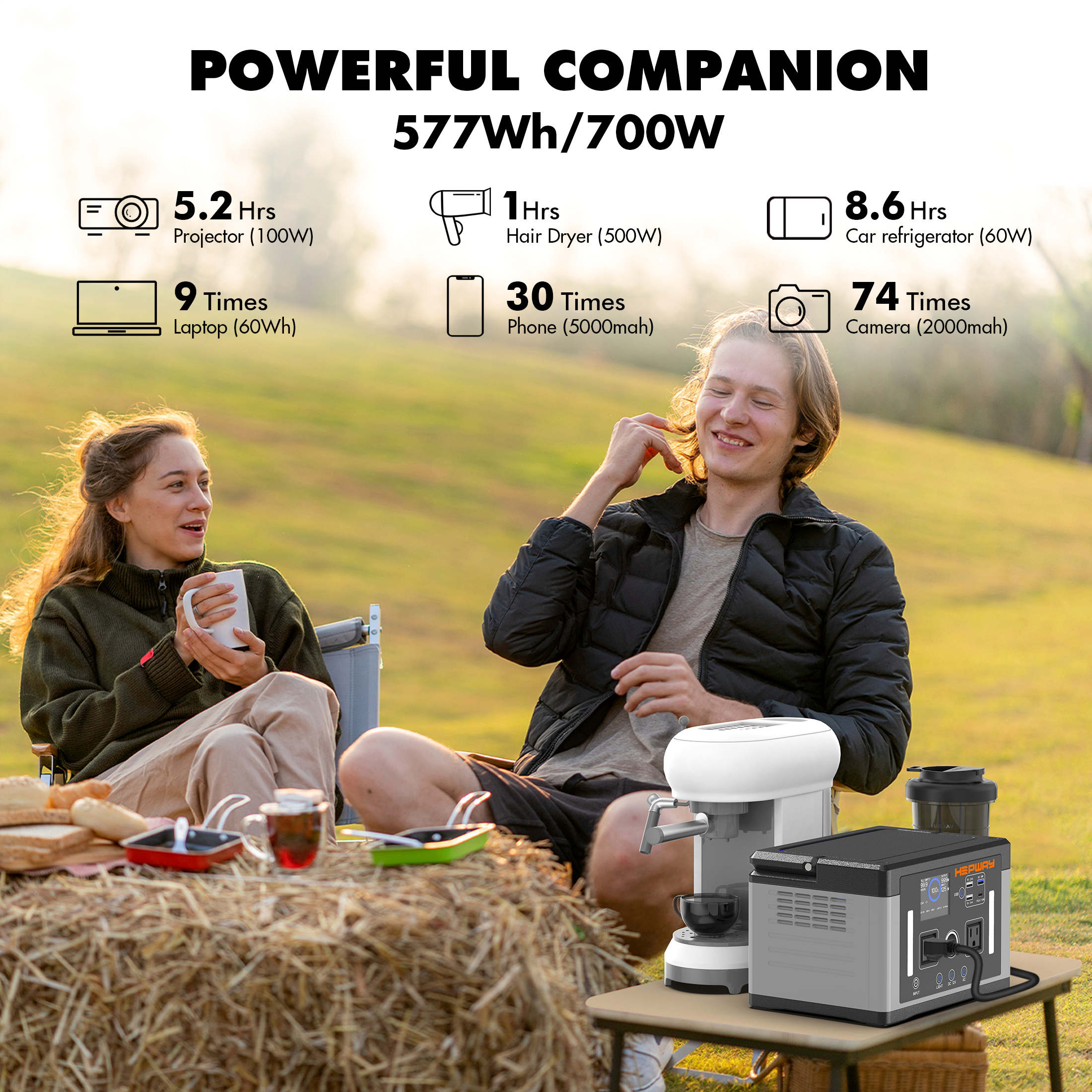 HEPWAY Euler P700 Portable Power Station 700W (Surge 1000W) 577Wh Solar Generator 120V AC Outlets, 3000+ Cycles Solar Power Bank for Home Backup Battery Emergencies, Camping & RVs, Blackout, CPAP
