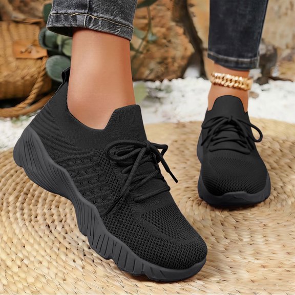 Women Breathable Knit Lace Up Walking Sneakers, Thick Cushioned Sole Lightweight Daily Commute Casual Outdoor Footwear Black 6