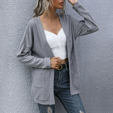 

Women Sweaters Fall Breathable Elegant Solid Color Long Cardigan Grey Xl