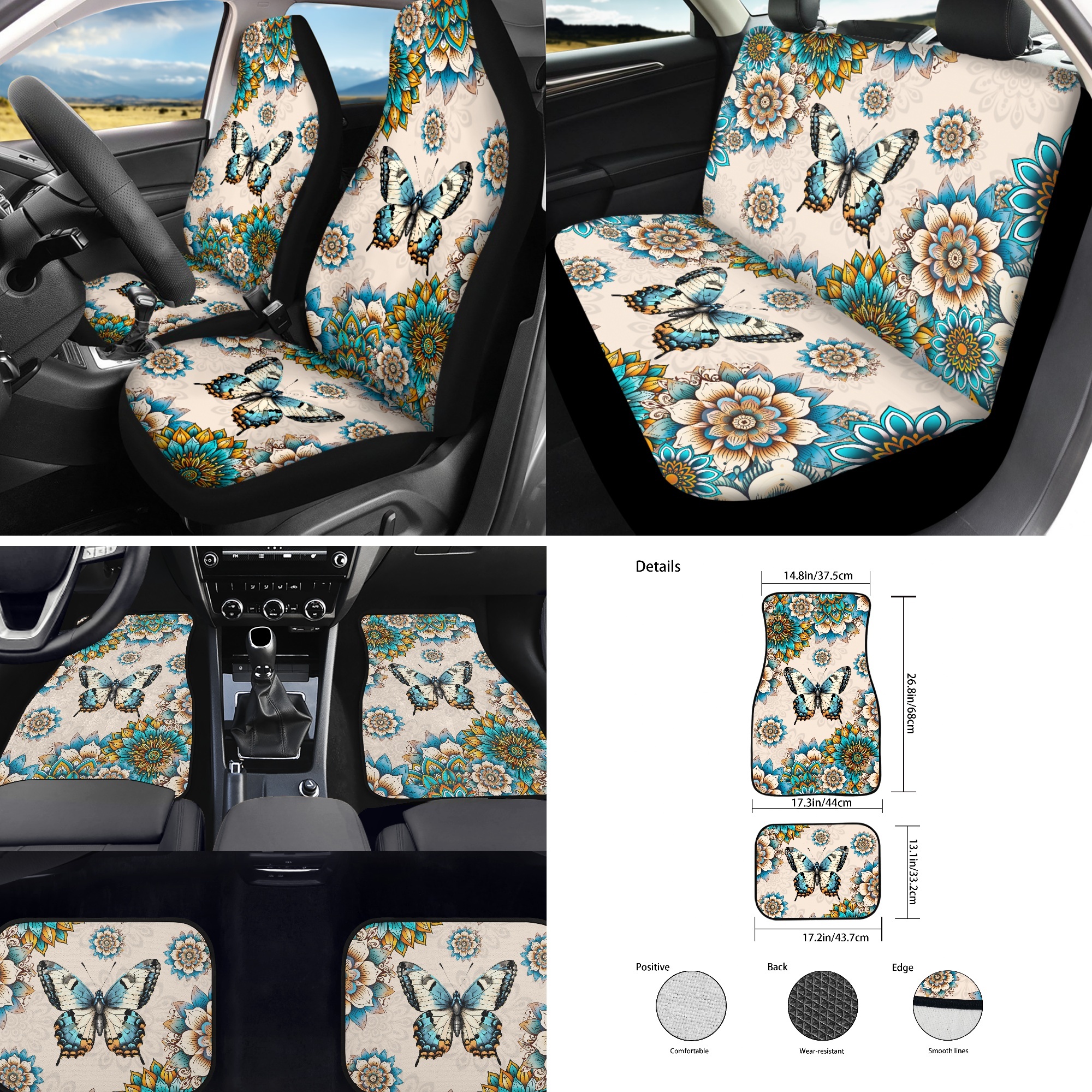 Jeiento Butterfly Car Seat Cover Full Set Car Floor Mats Steering Wheel Cover Seatbelt Pad Armrest Cover Cup Coaster Keychains Boho Flower Universal Auto Interior Accessories Set 17 Pack