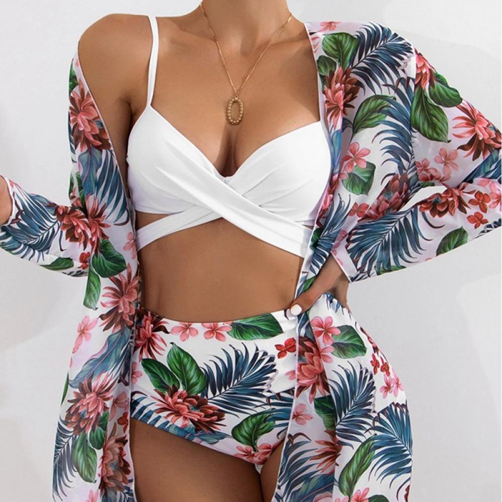 Alvage Women 3 Piece High Waisted Swimsuit with Cover Ups Printed Bikini Bathing Suits Floral Triangle High Waist Bikini - image 1 of 11
