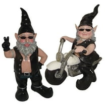 Homestyles Peace Sign "Biker Dude & Babe" the Biker Gnome Riding Her White Hog in Leather Motorcycle Gear Large Outdoor Garden Statue 14.5"H and 12"H