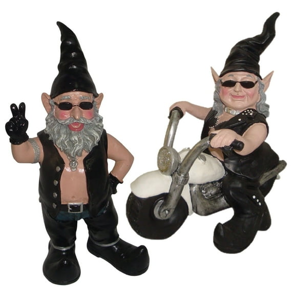 Homestyles Peace Sign "Biker Dude & Babe" the Biker Gnome Riding Her White Hog in Leather Motorcycle Gear Large Outdoor Garden Statue 14.5"H and 12"H